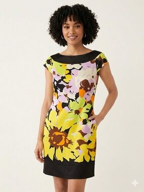 Suzi Chin for Maggy Boutique Silk Blend Floral Shift Dress Yellow Purple Size 8
